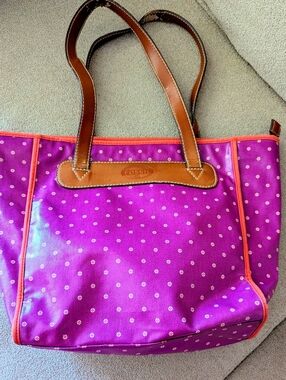 Fossil Purple Polka Dot Tote with Brown Leather Trim